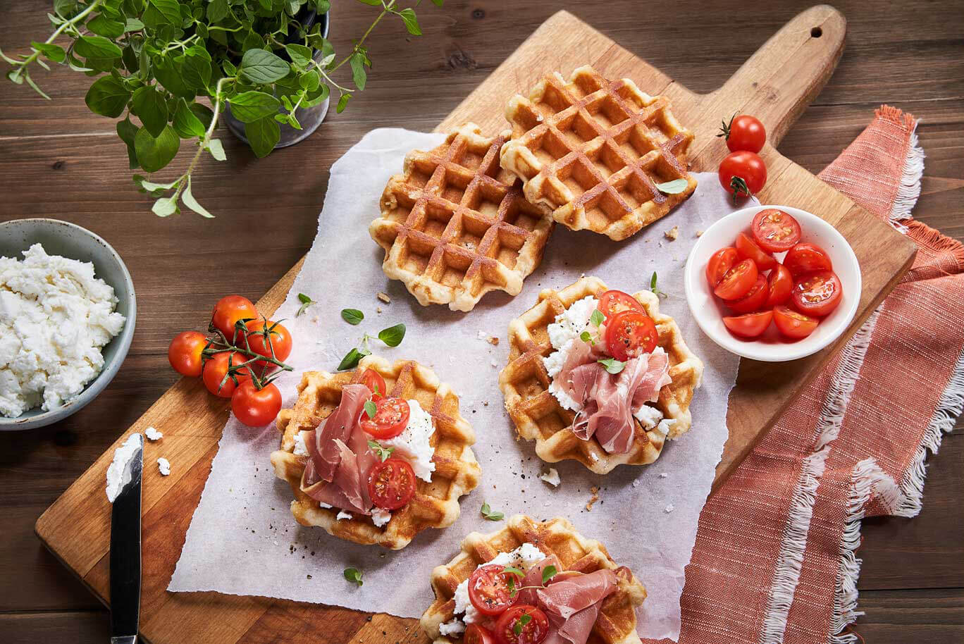 Waffle Sandwich with Ricotta, Prosciutto and Cherry Tomatoes